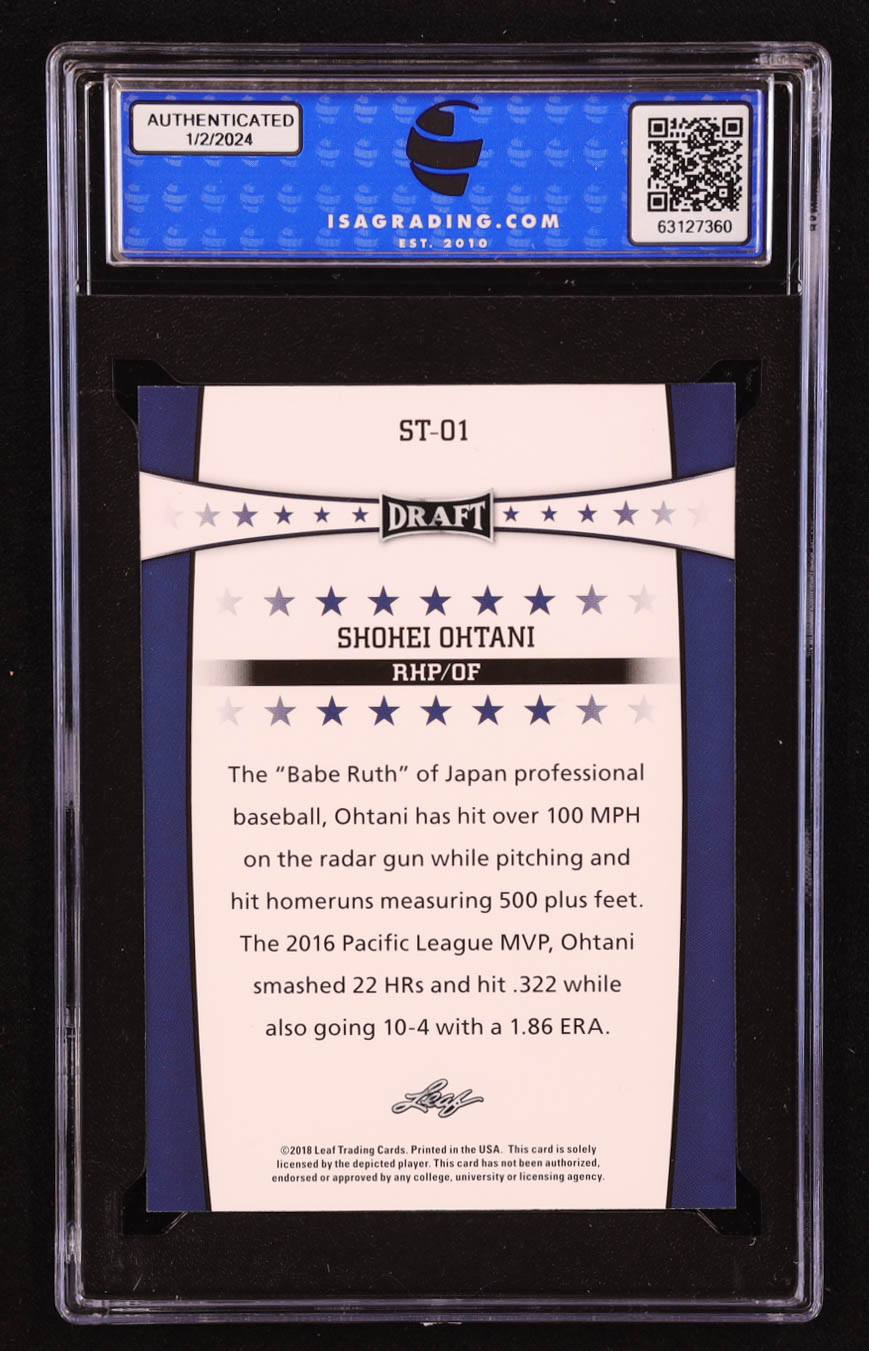 Shohei Ohtani 2018 Leaf Ohtani Draft Stars #ST01 RC (ISA 10) at PristineAuction.com Shohei Ohtani 2018 Leaf Ohtani Draft Stars #ST01 RC (ISA 10) at PristineAuction.com