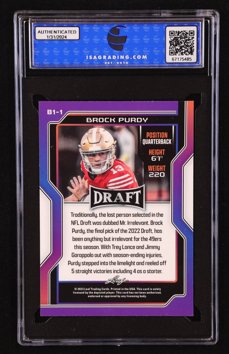 Brock Purdy 2023 Leaf Draft Base Version 1 #B11 (ISA 10) at PristineAuction.com Brock Purdy 2023 Leaf Draft Base Version 1 #B11 (ISA 10) at PristineAuction.com