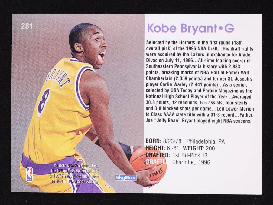 Kobe Bryant 1996-97 Hoops #281 RC at PristineAuction.com Kobe Bryant 1996-97 Hoops #281 RC at PristineAuction.com