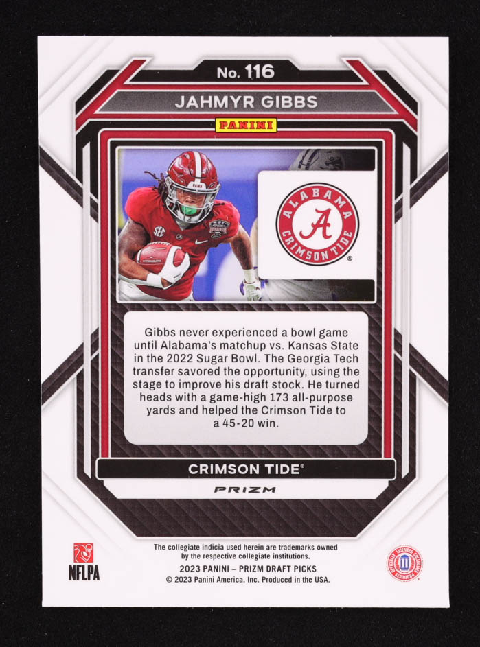 Jahmyr Gibbs 2023 Panini Prizm Draft Picks Prizms Green #116 RC at PristineAuction.com Jahmyr Gibbs 2023 Panini Prizm Draft Picks Prizms Green #116 RC at PristineAuction.com