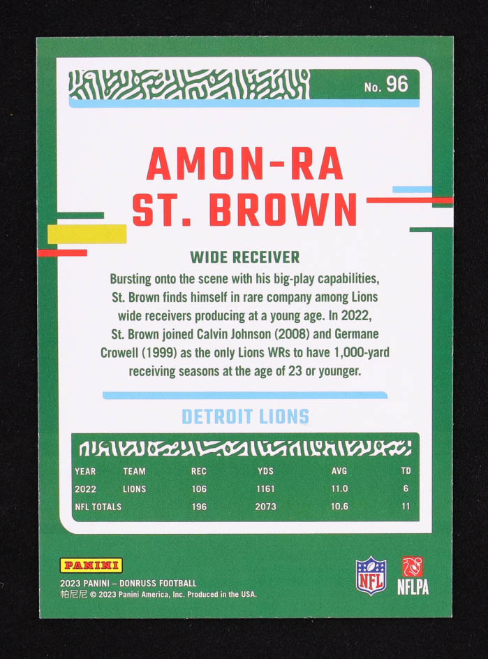 Amon-Ra St. Brown 2023 Donruss Press Proof Blue #96 at PristineAuction.com Amon-Ra St. Brown 2023 Donruss Press Proof Blue #96 at PristineAuction.com