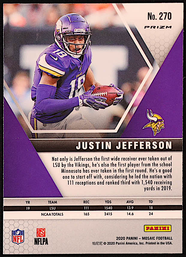 Justin Jefferson 2020 Panini Mosaic Mosaic Red #270 DEB RC at PristineAuction.com Justin Jefferson 2020 Panini Mosaic Mosaic Red #270 DEB RC at PristineAuction.com