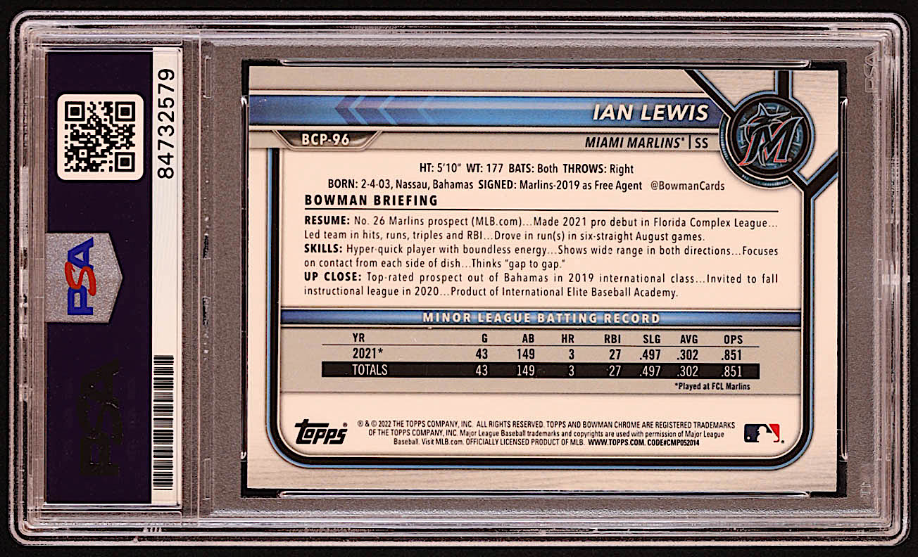 Ian Lewis Signed 2022 Bowman Chrome Mega Box Prospects #BCP96 RC (PSA) at PristineAuction.com Ian Lewis Signed 2022 Bowman Chrome Mega Box Prospects #BCP96 RC (PSA) at PristineAuction.com