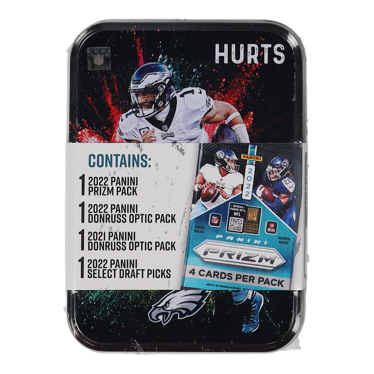 2022 Panini NFL Prizm & Optic Jalen Hurts Football Tin Sealed at PristineAuction.com 2022 Panini NFL Prizm & Optic Jalen Hurts Football Tin Sealed at PristineAuction.com