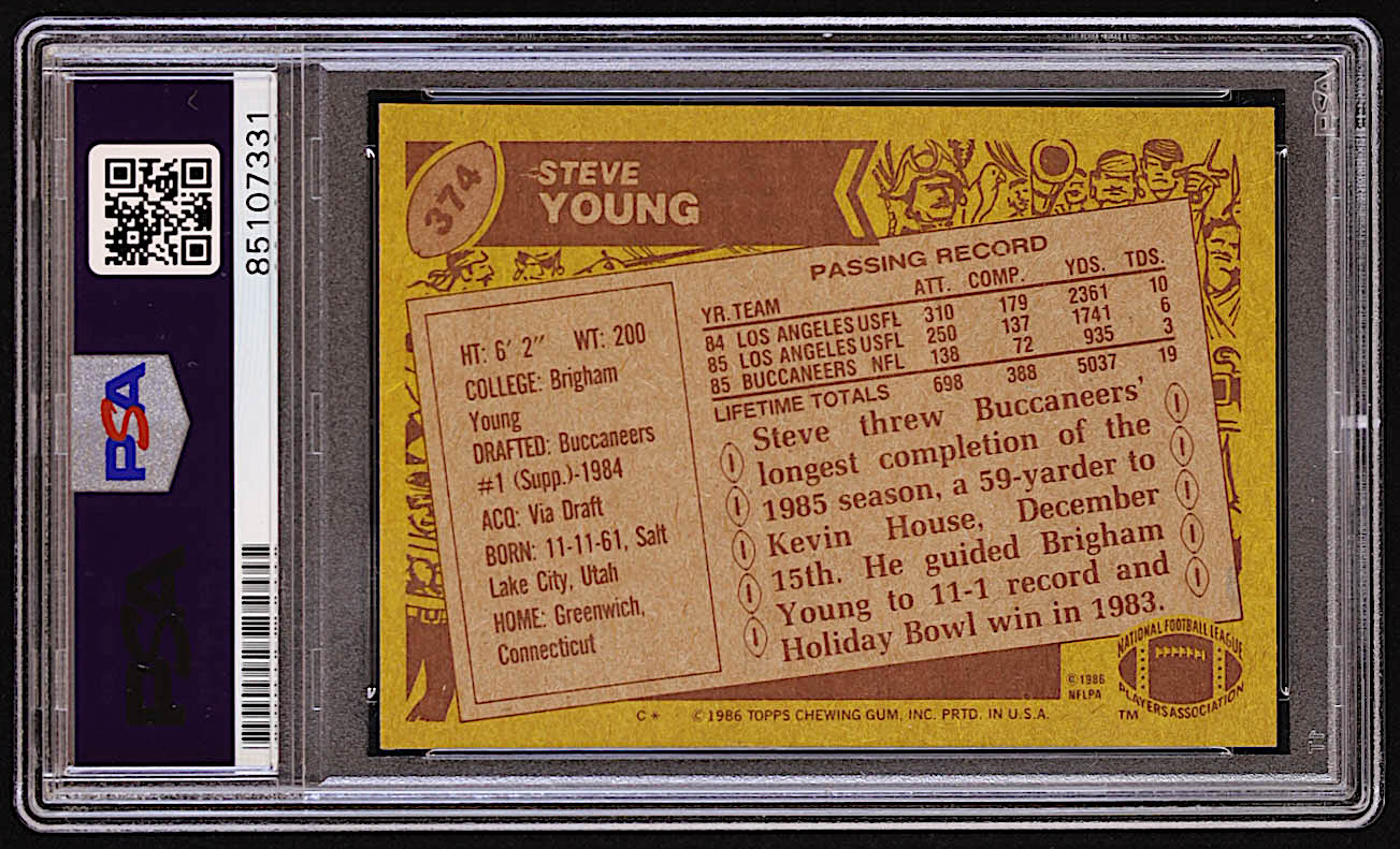 Steve Young Signed 1986 Topps #374 RC (PSA) at PristineAuction.com Steve Young Signed 1986 Topps #374 RC (PSA) at PristineAuction.com