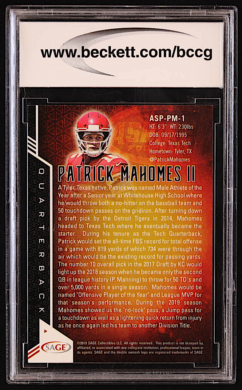 Patrick Mahomes 2019 SAGE Aspire #ASPPM1 (BCCG 10) at PristineAuction.com Patrick Mahomes 2019 SAGE Aspire #ASPPM1 (BCCG 10) at PristineAuction.com