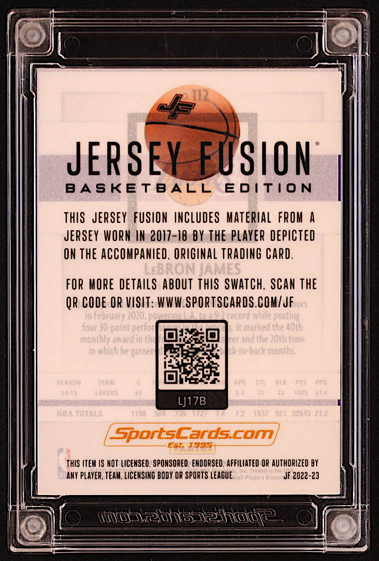 LeBron James 2022-23 Sportscards.com Jersey Fusion Game-Used Swatch #LJ17B at PristineAuction.com LeBron James 2022-23 Sportscards.com Jersey Fusion Game-Used Swatch #LJ17B at PristineAuction.com