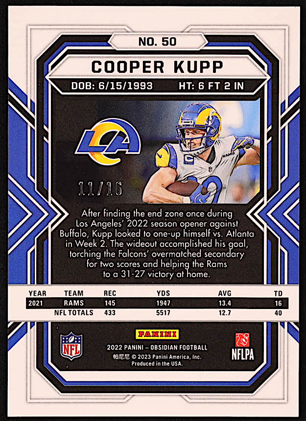 Cooper Kupp 2022 Panini Obsidian Electric Etch Purple Flood #50 #11/16 at PristineAuction.com Cooper Kupp 2022 Panini Obsidian Electric Etch Purple Flood #50 #11/16 at PristineAuction.com