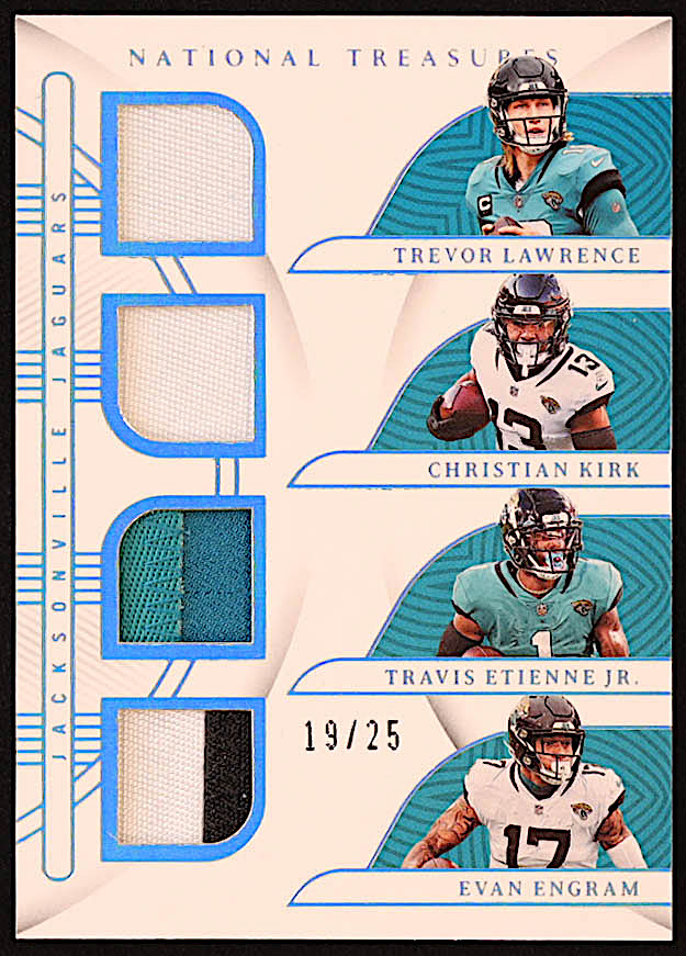 Trevor Lawrence / Christian Kirk / Evan Engram / Travis Etienne Jr. 2022 Panini National Treasures NFL Gear Quad Materials Holo Silver #4 #19/25 at PristineAuction.com Trevor Lawrence / Christian Kirk / Evan Engram / Travis Etienne Jr. 2022 Panini National Treasures NFL Gear Quad Materials Holo Silver #4 #19/25 at PristineAuction.com