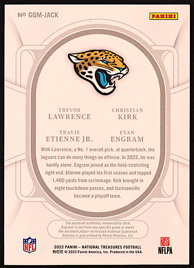 Trevor Lawrence / Christian Kirk / Evan Engram / Travis Etienne Jr. 2022 Panini National Treasures NFL Gear Quad Materials Holo Silver #4 #19/25 at PristineAuction.com Trevor Lawrence / Christian Kirk / Evan Engram / Travis Etienne Jr. 2022 Panini National Treasures NFL Gear Quad Materials Holo Silver #4 #19/25 at PristineAuction.com
