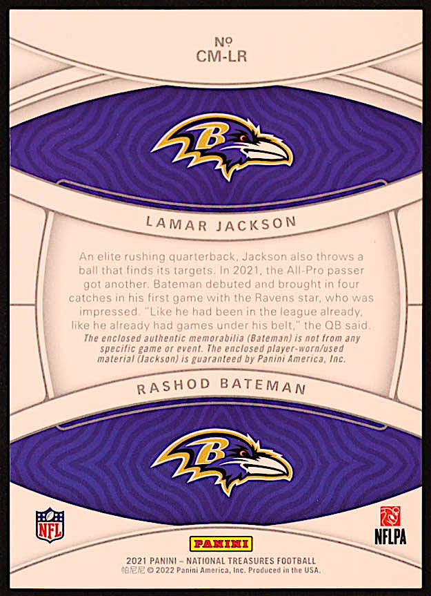 Lamar Jackson / Rashod Bateman 2021 Panini National Treasures NFL Gear Combo Materials #14 #27/99 at PristineAuction.com Lamar Jackson / Rashod Bateman 2021 Panini National Treasures NFL Gear Combo Materials #14 #27/99 at PristineAuction.com
