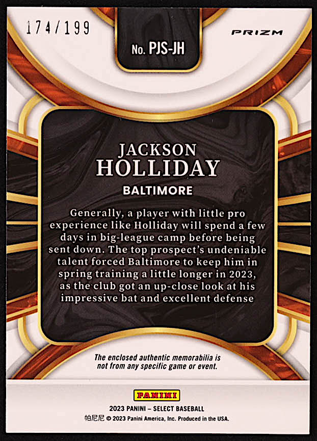 Jackson Holliday 2023 Select Rookie Jumbo Swatches Prizms Silver #36 #174/199 RC at PristineAuction.com Jackson Holliday 2023 Select Rookie Jumbo Swatches Prizms Silver #36 #174/199 RC at PristineAuction.com