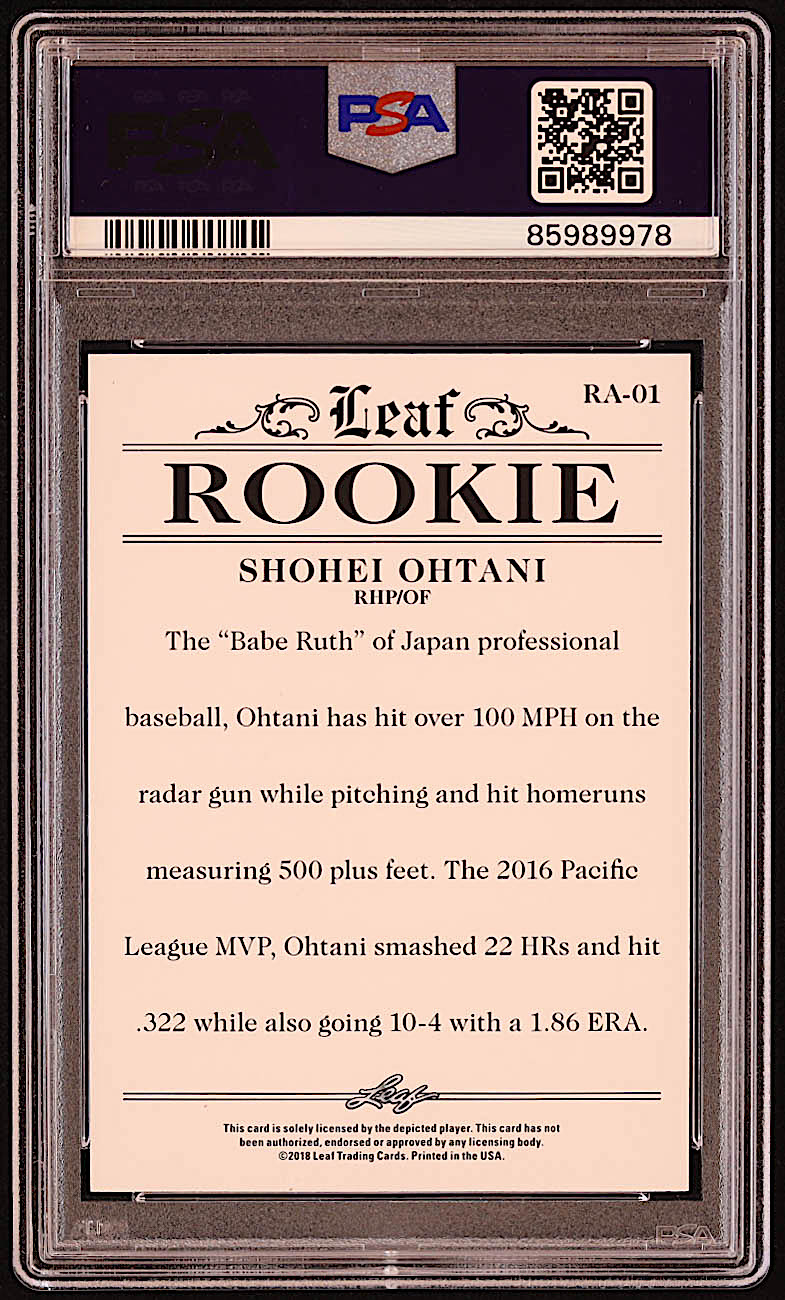 Shohei Ohtani 2018 Leaf Ohtani Rookie Achievement Red #RA01 RC #171/200 (PSA 10) at PristineAuction.com Shohei Ohtani 2018 Leaf Ohtani Rookie Achievement Red #RA01 RC #171/200 (PSA 10) at PristineAuction.com