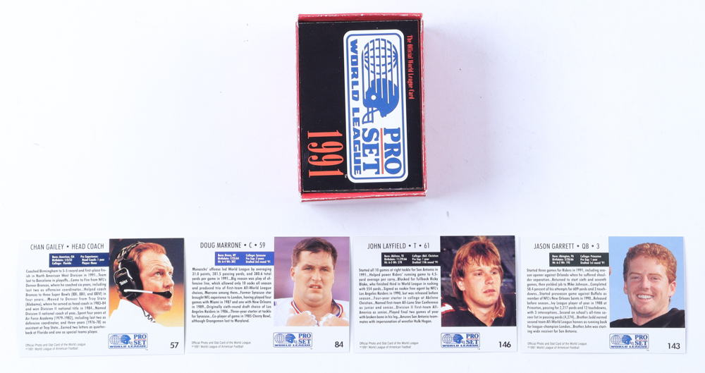 1991 Pro Set World League Inaugural Series Complete Set of (150) Cards with Chan Gailey #57, Doug Marrone #84, John Layfield #146, Jason Garrett #143 at PristineAuction.com 1991 Pro Set World League Inaugural Series Complete Set of (150) Cards with Chan Gailey #57, Doug Marrone #84, John Layfield #146, Jason Garrett #143 at PristineAuction.com