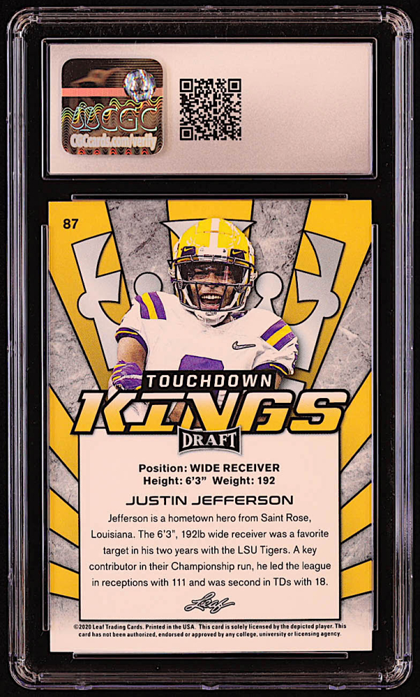 justin jefferson graded rookie card 2020 Leaf Draft Football #40 Gem Mint PGI 10 Justin Jefferson 2020 Panini Chronicles