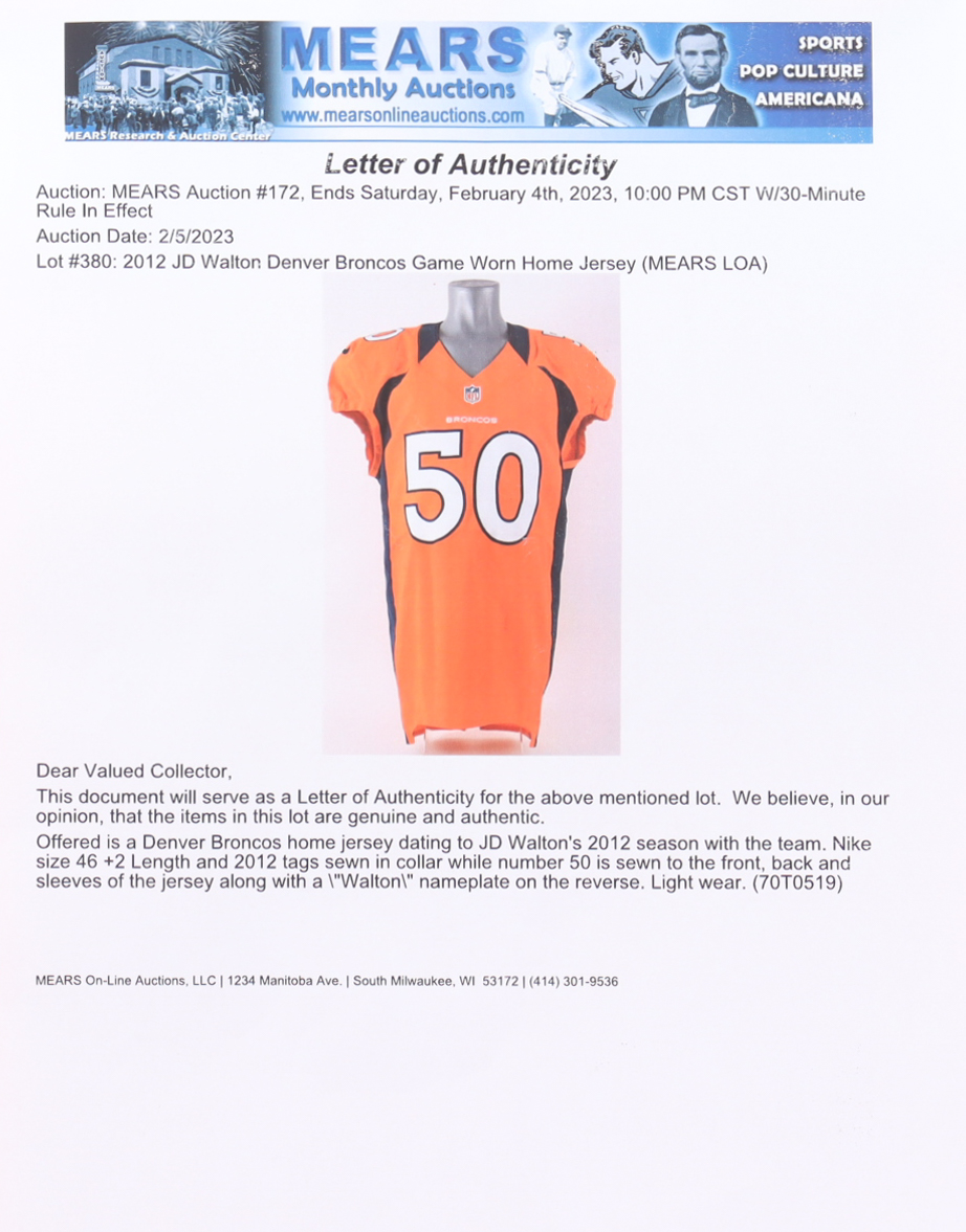 J. D. Walton Game-Worn Broncos Jersey (MEARS) at PristineAuction.com J. D. Walton Game-Worn Broncos Jersey (MEARS) at PristineAuction.com