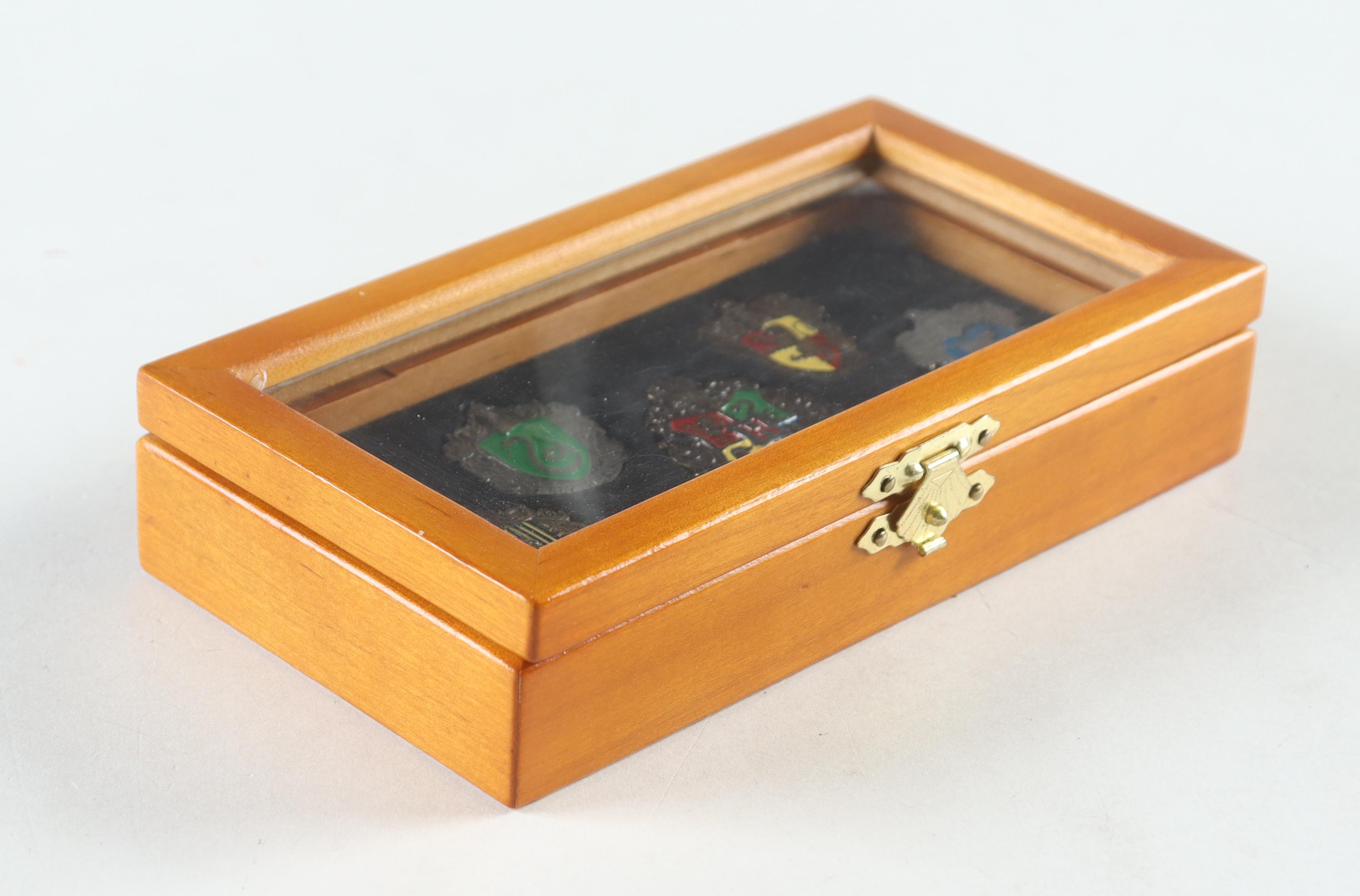 "Harry Potter" Warner Bros. Entertainment Set of (5) Pins with Wooden Display Case at PristineAuction.com "Harry Potter" Warner Bros. Entertainment Set of (5) Pins with Wooden Display Case at PristineAuction.com