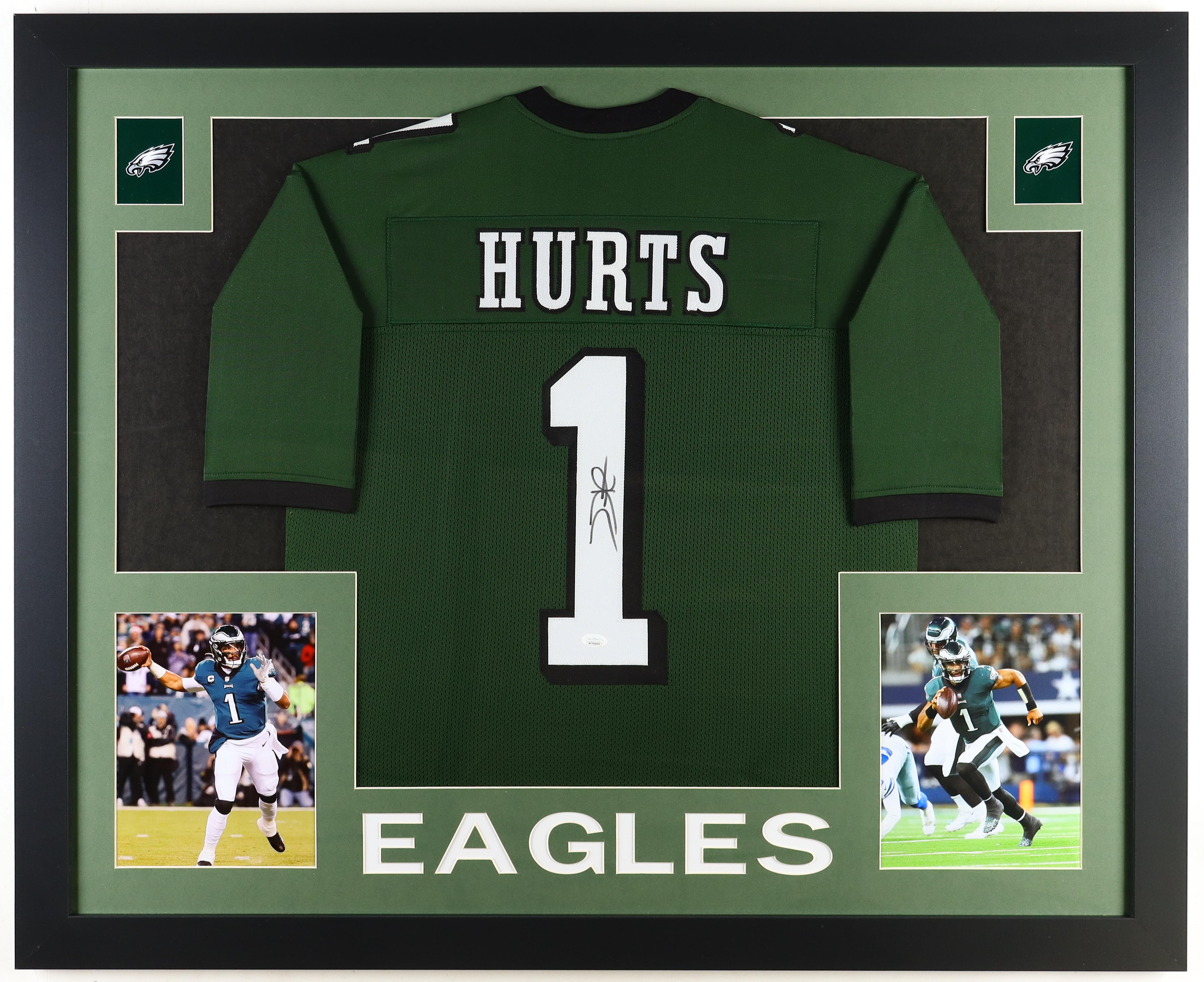 Jalen Hurts Signed Custom Framed Jersey Display (JSA) at PristineAuction.com Jalen Hurts Signed Custom Framed Jersey Display (JSA) at PristineAuction.com