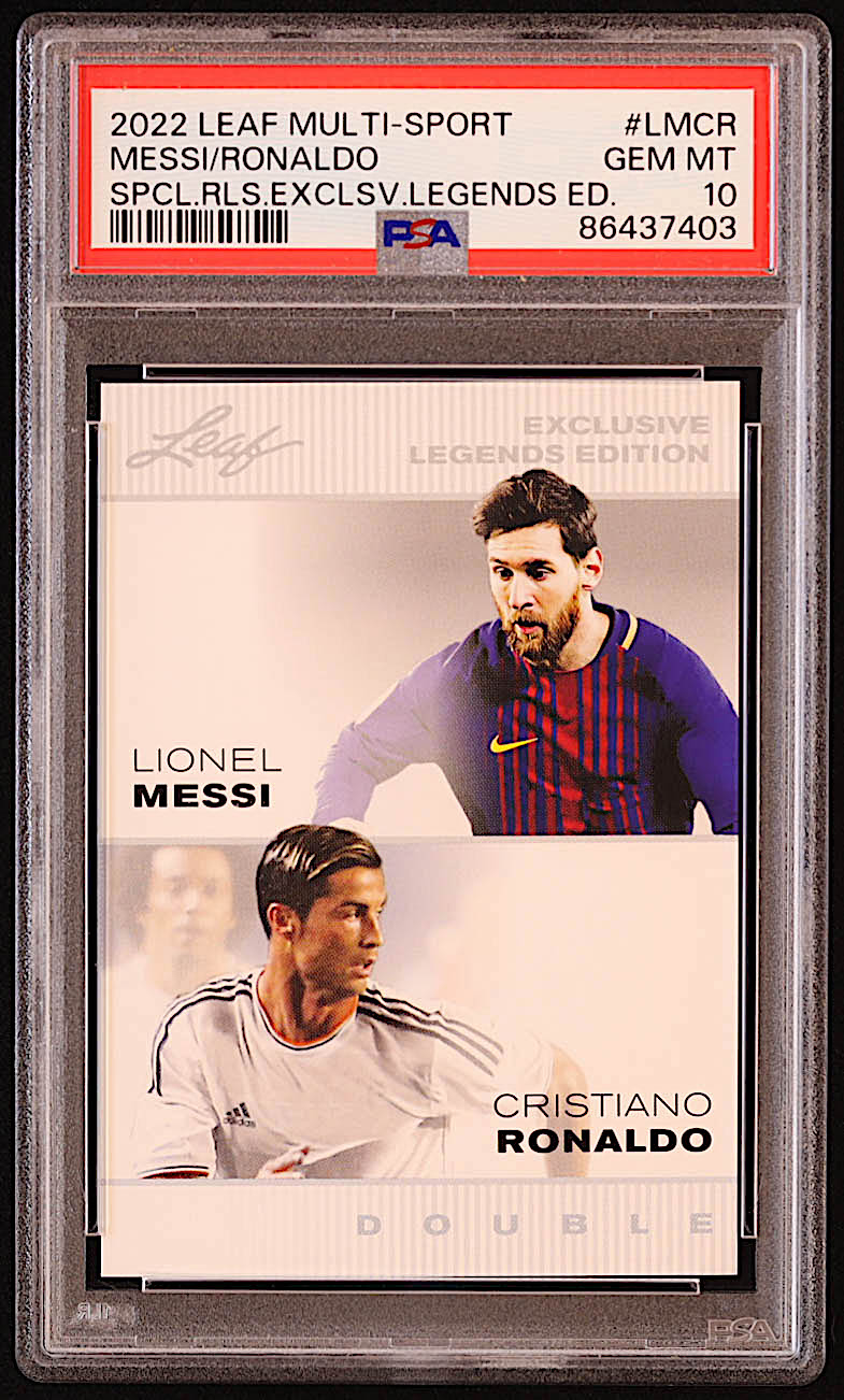 Lionel Messi / Cristiano Ronaldo 2022 Leaf Exclusive Legends Edition #LMCR (PSA 10) at PristineAuction.com Lionel Messi / Cristiano Ronaldo 2022 Leaf Exclusive Legends Edition #LMCR (PSA 10) at PristineAuction.com