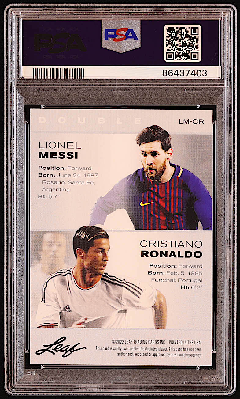 Lionel Messi / Cristiano Ronaldo 2022 Leaf Exclusive Legends Edition #LMCR (PSA 10) at PristineAuction.com Lionel Messi / Cristiano Ronaldo 2022 Leaf Exclusive Legends Edition #LMCR (PSA 10) at PristineAuction.com