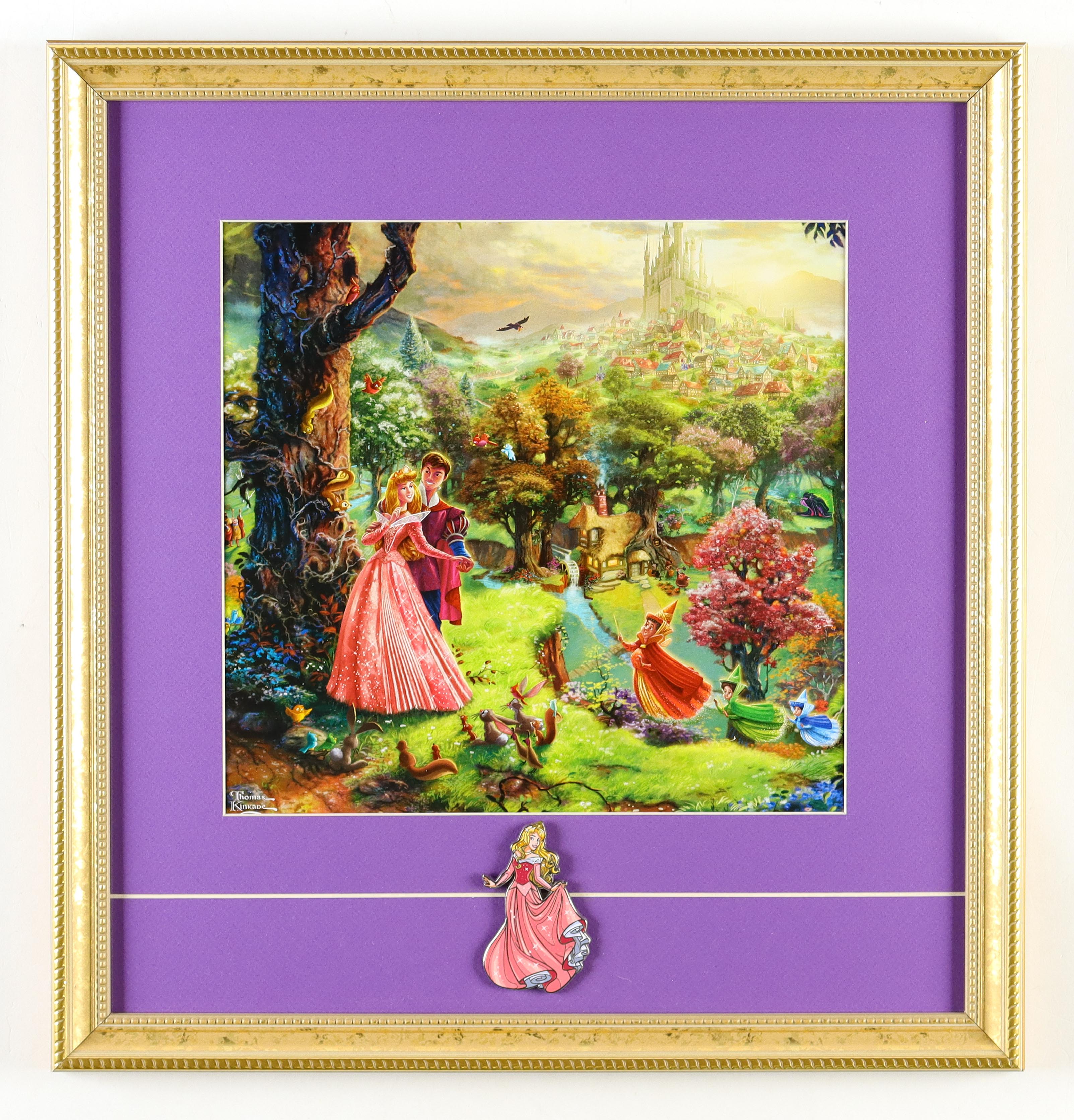Thomas Kinkade Walt Disney's "Sleeping Beauty" Custom Framed Print Display with Princess Aurora Figure Pin at PristineAuction.com Thomas Kinkade Walt Disney's "Sleeping Beauty" Custom Framed Print Display with Princess Aurora Figure Pin at PristineAuction.com