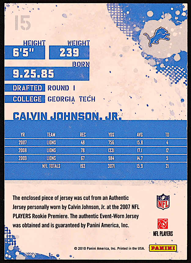 Calvin Johnson 2010 Score Retail Factory Set Jerseys #15 at PristineAuction.com Calvin Johnson 2010 Score Retail Factory Set Jerseys #15 at PristineAuction.com