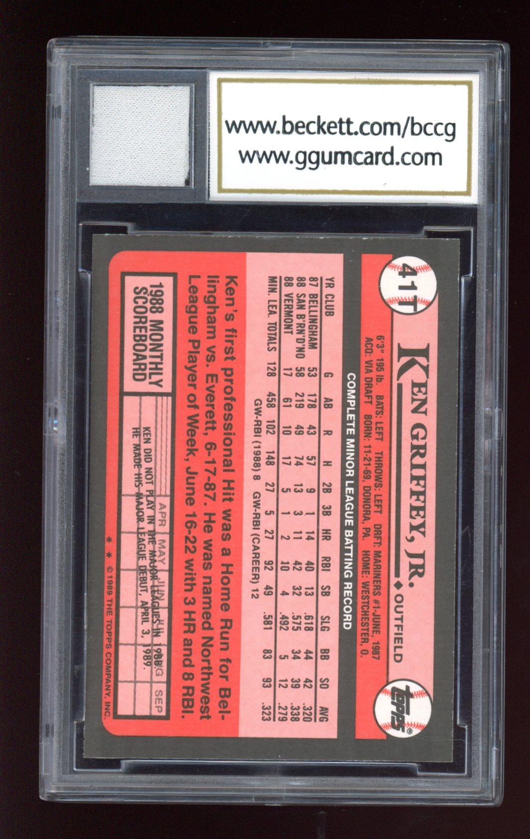 Ken Griffey Jr. 1989 Topps Traded #41T RC with Piece of 1989 Game-Used Jersey (BCCG 10) at PristineAuction.com Ken Griffey Jr. 1989 Topps Traded #41T RC with Piece of 1989 Game-Used Jersey (BCCG 10) at PristineAuction.com