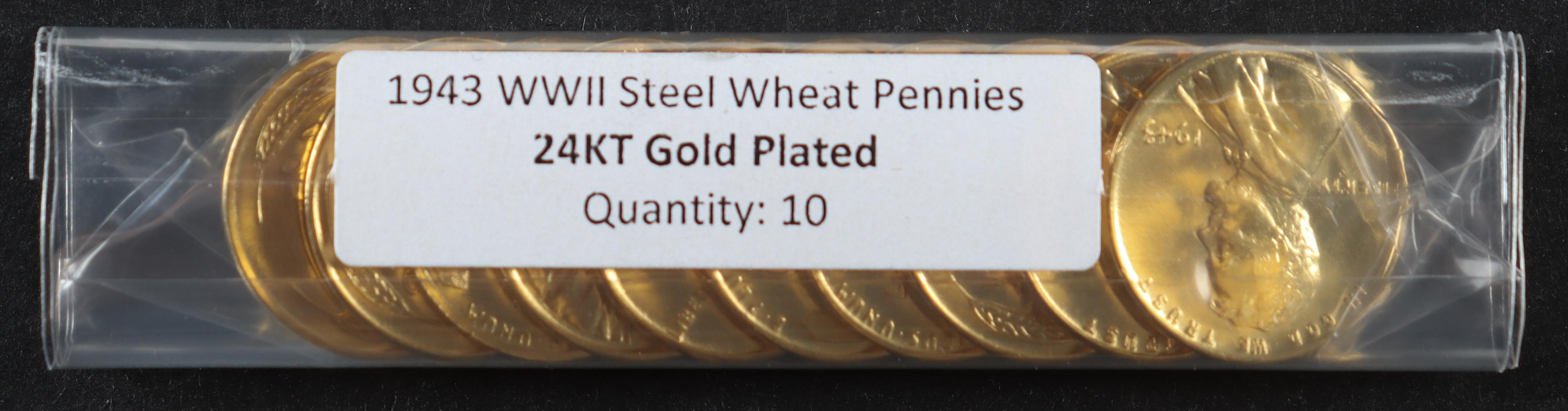 Merrick Mint 1943 WWII Genuine Steel 24Kt (10) Gold Plated Lincoln Wheat Pennies at PristineAuction.com Merrick Mint 1943 WWII Genuine Steel 24Kt (10) Gold Plated Lincoln Wheat Pennies at PristineAuction.com