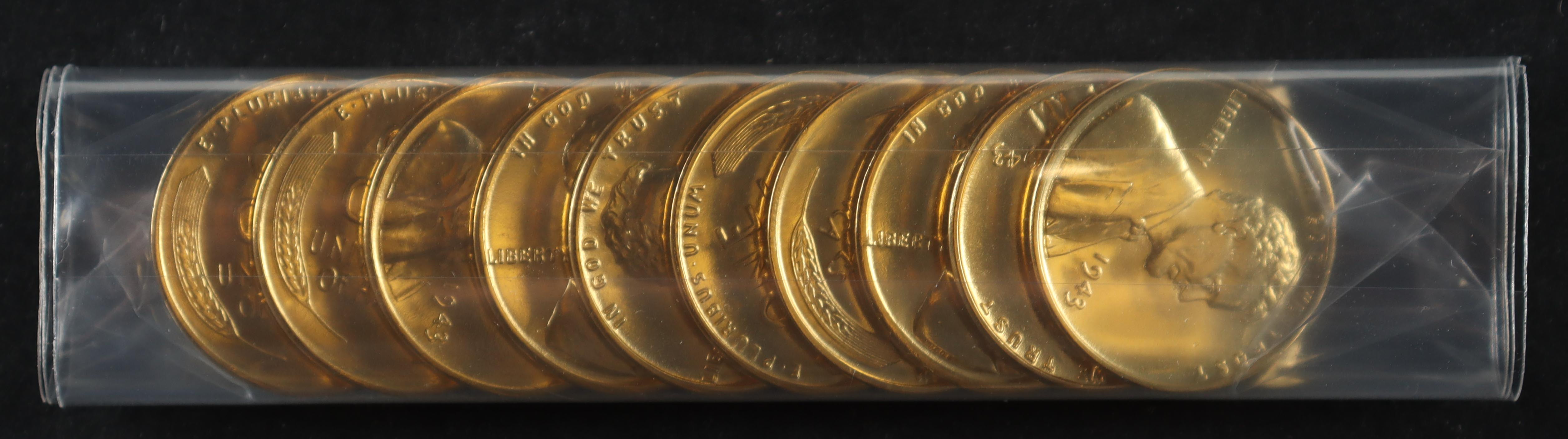 Merrick Mint 1943 WWII Genuine Steel 24Kt (10) Gold Plated Lincoln Wheat Pennies at PristineAuction.com Merrick Mint 1943 WWII Genuine Steel 24Kt (10) Gold Plated Lincoln Wheat Pennies at PristineAuction.com