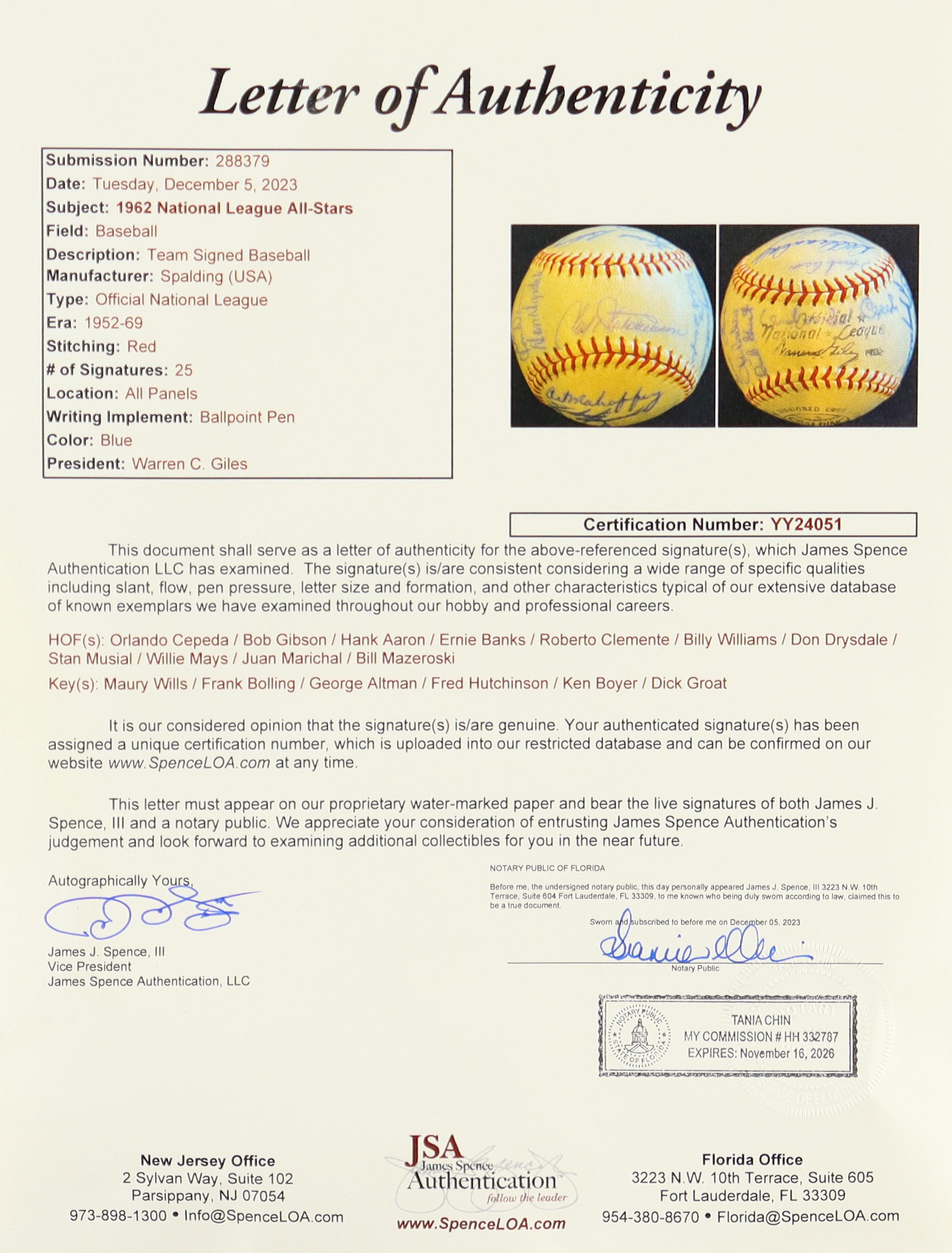 1962 NL All-Stars ONL Baseball Signed By (25) with Orlando Cepeda, Bob Gibson, Hank Aaron, Ernie Banks, Roberto Clemente (JSA) at PristineAuction.com 1962 NL All-Stars ONL Baseball Signed By (25) with Orlando Cepeda, Bob Gibson, Hank Aaron, Ernie Banks, Roberto Clemente (JSA) at PristineAuction.com