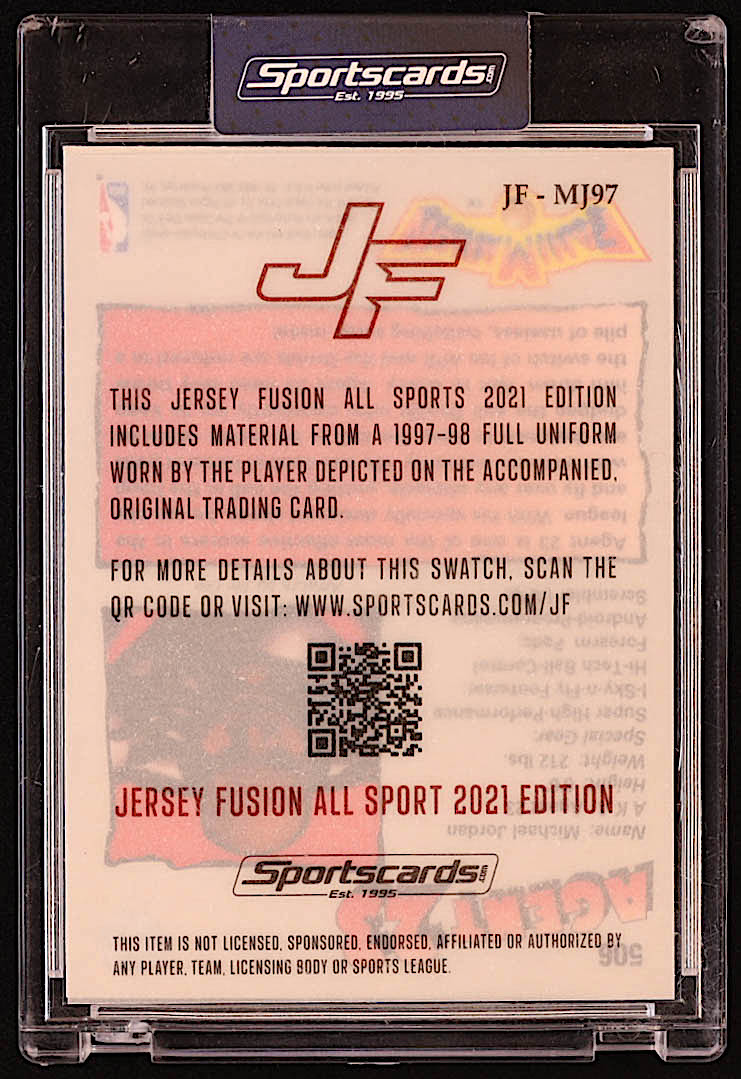 Michael Jordan 2021 Sportscards.com Jersey Fusion Game-Used Swatch #JFMJ97 at PristineAuction.com Michael Jordan 2021 Sportscards.com Jersey Fusion Game-Used Swatch #JFMJ97 at PristineAuction.com
