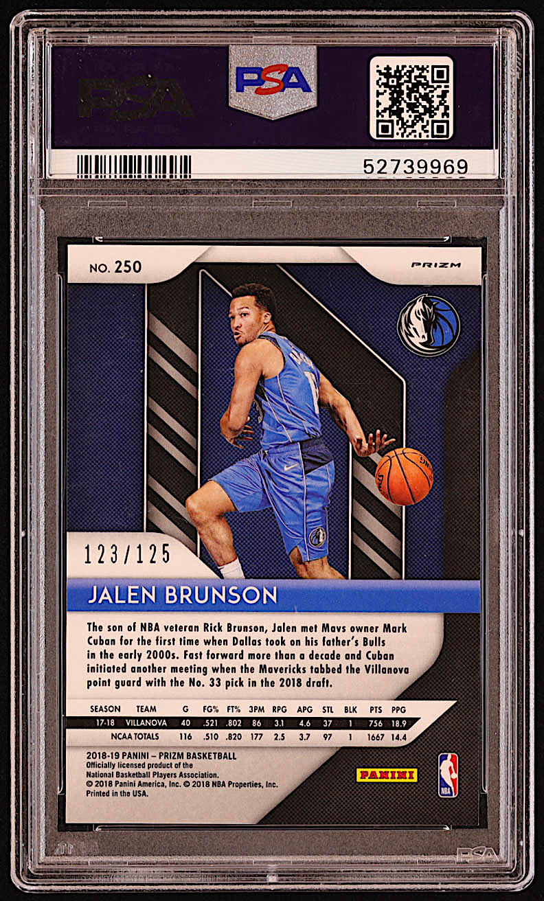 Jalen Brunson 2018-19 Panini Prizm Prizms Fast Break Red #250 RC #123/125 (PSA 10) at PristineAuction.com Jalen Brunson 2018-19 Panini Prizm Prizms Fast Break Red #250 RC #123/125 (PSA 10) at PristineAuction.com