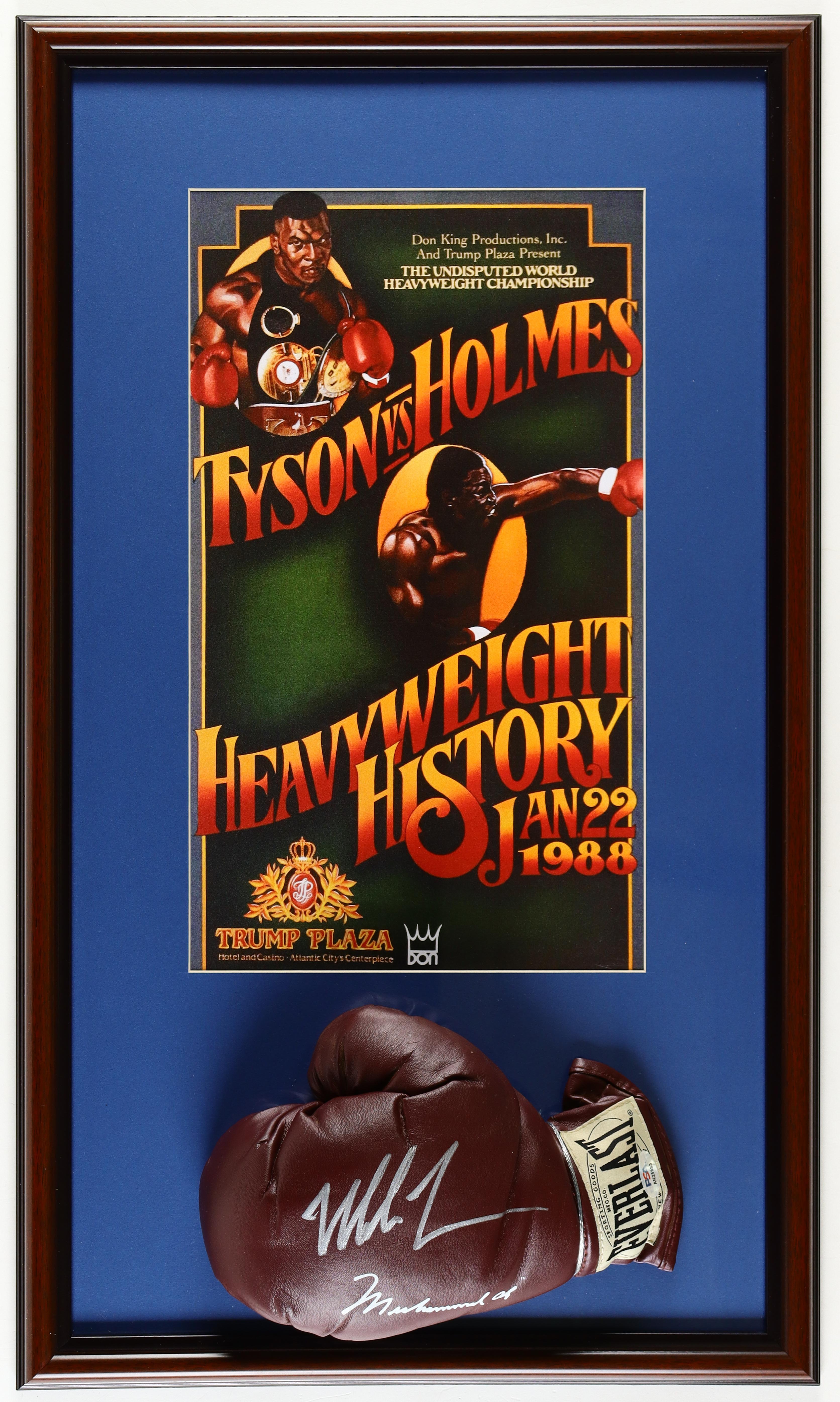 Mike Tyson Signed Custom Framed Everlast "Muhammad Ali Edition" Boxing Glove Display With Tyson Vs Holmes Trump Plaza Fight Poster Print (PSA) at PristineAuction.com Mike Tyson Signed Custom Framed Everlast "Muhammad Ali Edition" Boxing Glove Display With Tyson Vs Holmes Trump Plaza Fight Poster Print (PSA) at PristineAuction.com