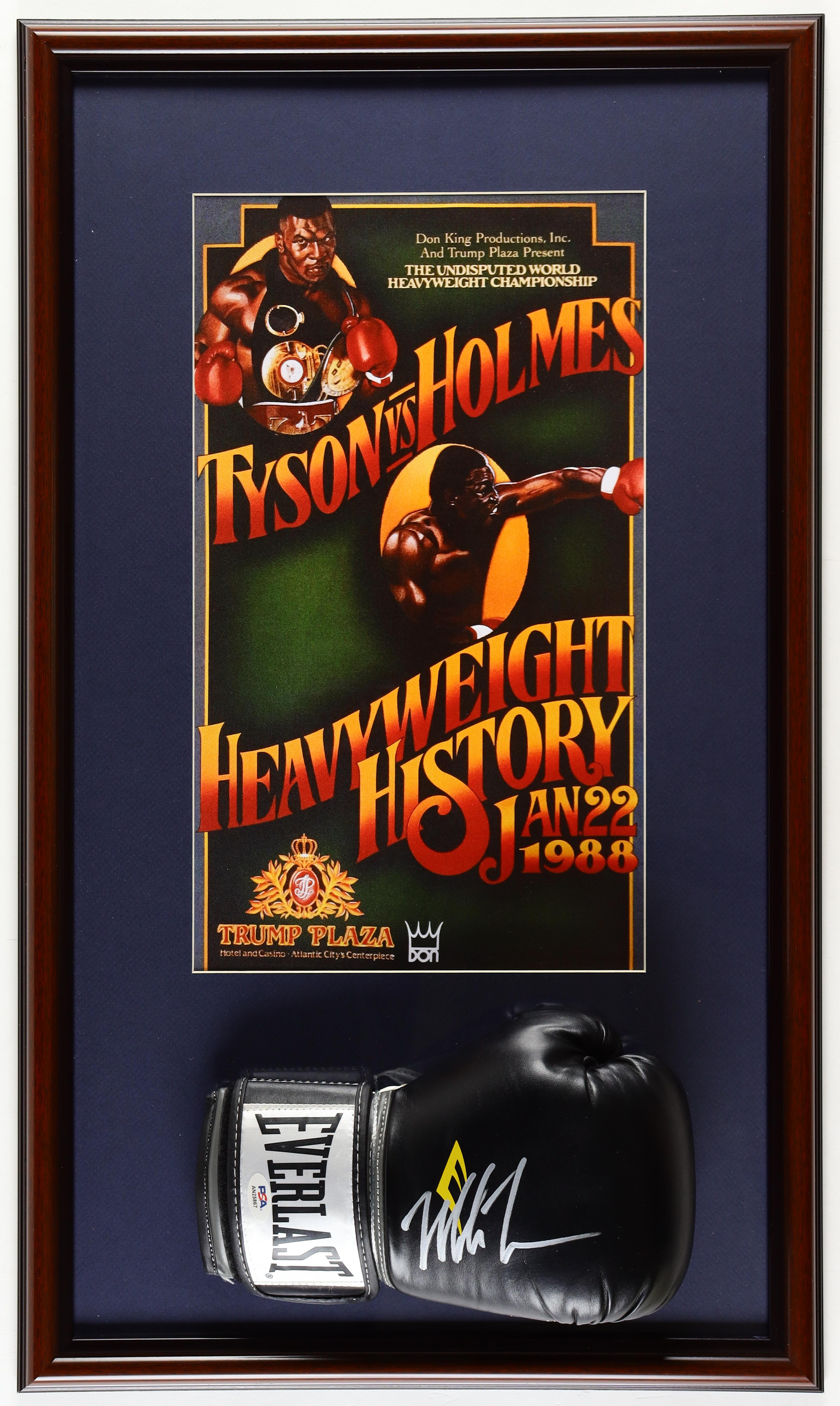 Mike Tyson Signed Custom Framed Everlast Boxing Glove Display With Tyson Vs Holmes Trump Plaza Fight Poster Print (PSA) at PristineAuction.com Mike Tyson Signed Custom Framed Everlast Boxing Glove Display With Tyson Vs Holmes Trump Plaza Fight Poster Print (PSA) at PristineAuction.com