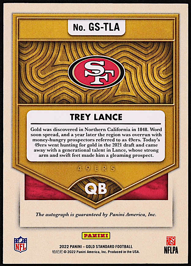 Trey Lance 2022 Panini Gold Standard Gold Strike Autographs #4 #35/49 at PristineAuction.com Trey Lance 2022 Panini Gold Standard Gold Strike Autographs #4 #35/49 at PristineAuction.com