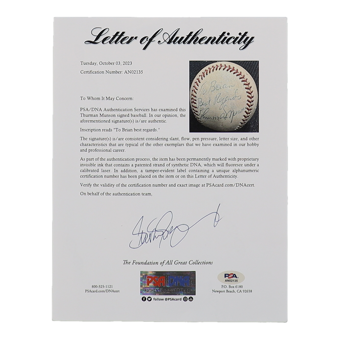 Thurman Munson Signed OAL Baseball Inscribed "Best Regards" (PSA) at PristineAuction.com Thurman Munson Signed OAL Baseball Inscribed "Best Regards" (PSA) at PristineAuction.com