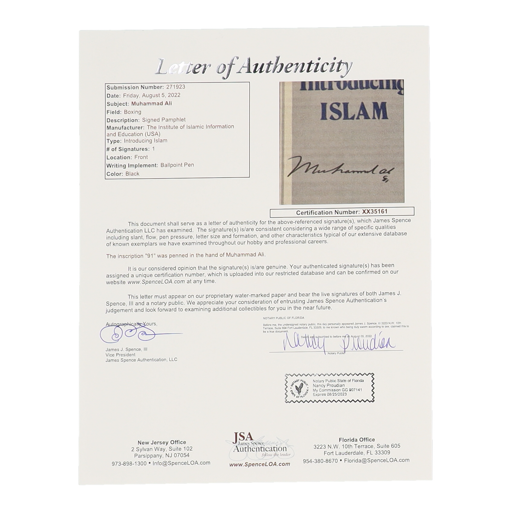 Muhammad Ali Signed "Introducing Islam" Pamphlet Inscribed "91" (JSA) at PristineAuction.com Muhammad Ali Signed "Introducing Islam" Pamphlet Inscribed "91" (JSA) at PristineAuction.com