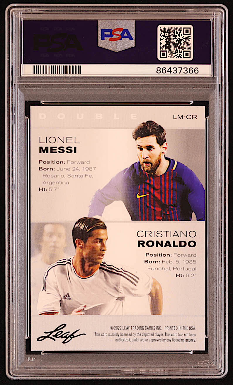 Lionel Messi / Cristiano Ronaldo 2022 Leaf Exclusive Legends Edition #LMCR (PSA 10) at PristineAuction.com Lionel Messi / Cristiano Ronaldo 2022 Leaf Exclusive Legends Edition #LMCR (PSA 10) at PristineAuction.com