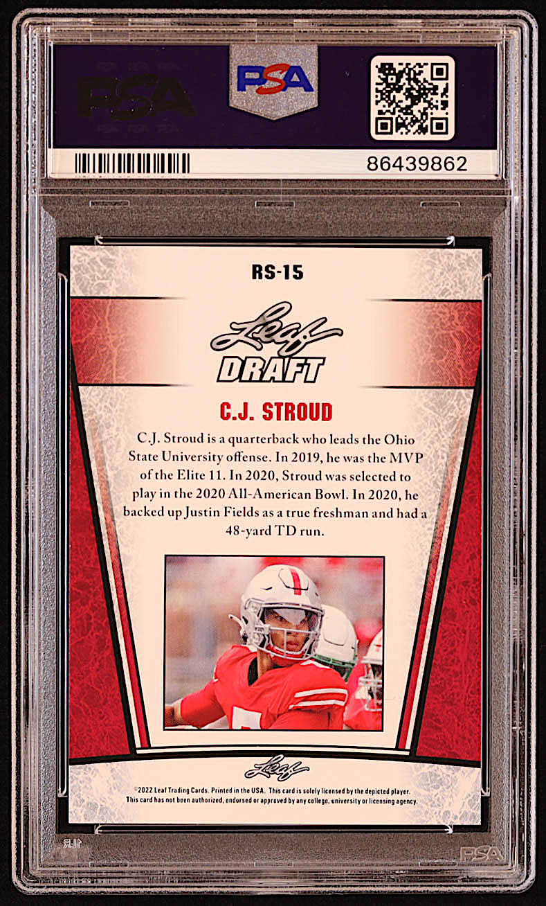 CJ Stroud 2022 Leaf Special Release Draft Silver #RS15 RC (PSA 10) at PristineAuction.com CJ Stroud 2022 Leaf Special Release Draft Silver #RS15 RC (PSA 10) at PristineAuction.com