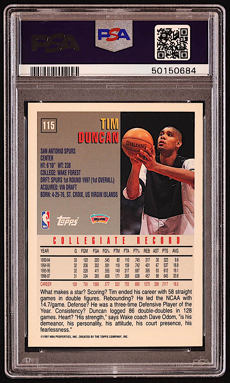 Tim Duncan 1997-98 Topps #115 RC (PSA 9) at PristineAuction.com Tim Duncan 1997-98 Topps #115 RC (PSA 9) at PristineAuction.com
