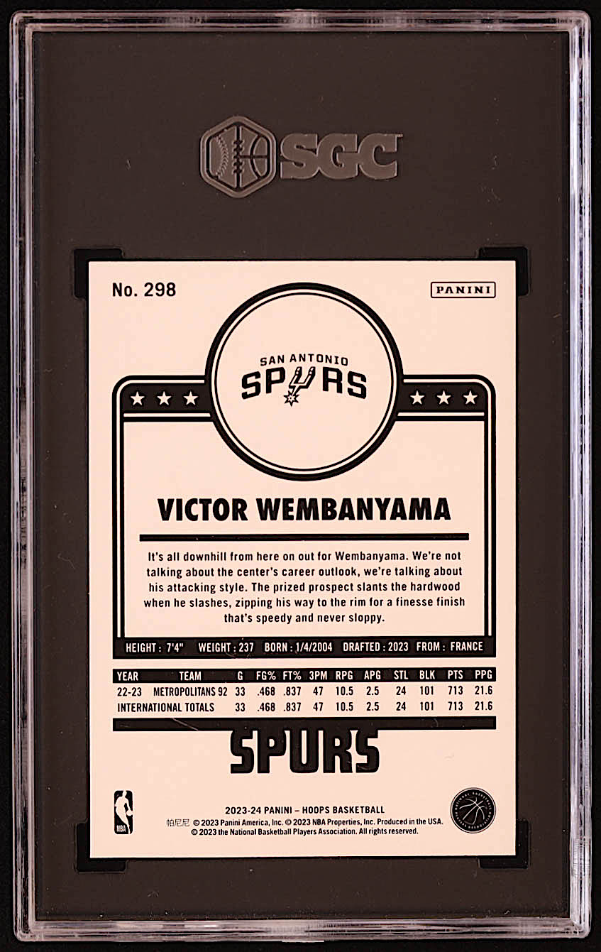 Victor Wembanyama 2023-24 Hoops #298 RC (SGC 10) at PristineAuction.com Victor Wembanyama 2023-24 Hoops #298 RC (SGC 10) at PristineAuction.com