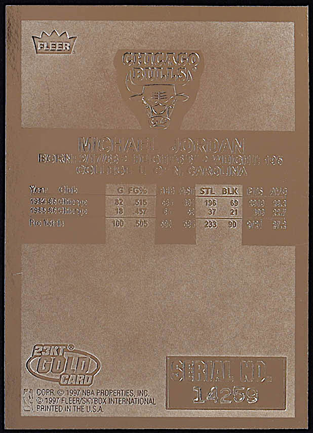 Michael Jordan 1997 Fleer Premier 23Kt Gold Card #14259 at PristineAuction.com Michael Jordan 1997 Fleer Premier 23Kt Gold Card #14259 at PristineAuction.com