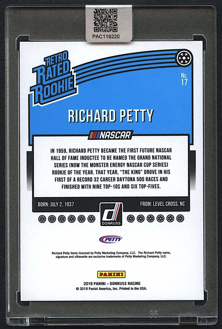 Richard Petty Signed 2019 Donruss #17 Retro Rated Rookie (PA Encapsulated) at PristineAuction.com Richard Petty Signed 2019 Donruss #17 Retro Rated Rookie (PA Encapsulated) at PristineAuction.com