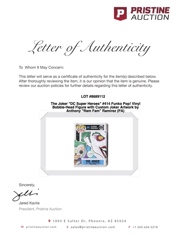 The Joker "DC Super Heroes" #414 Funko Pop! Vinyl Bobble-Head Figure with Custom Joker Artwork by Anthony "Ram Fam" Ramirez (PA) at PristineAuction.com The Joker "DC Super Heroes" #414 Funko Pop! Vinyl Bobble-Head Figure with Custom Joker Artwork by Anthony "Ram Fam" Ramirez (PA) at PristineAuction.com