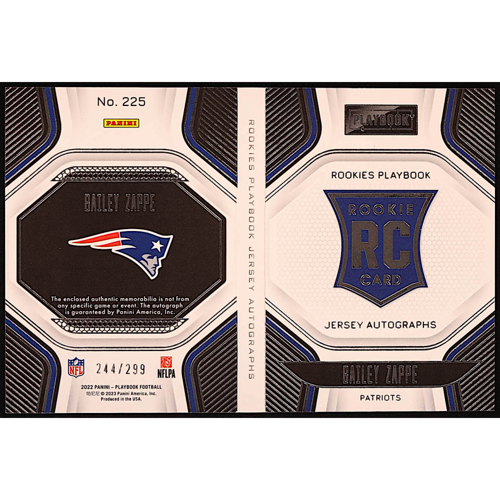 Bailey Zappe 2022 Panini Playbook #225 Jersey Autograph #244/299 RC ...