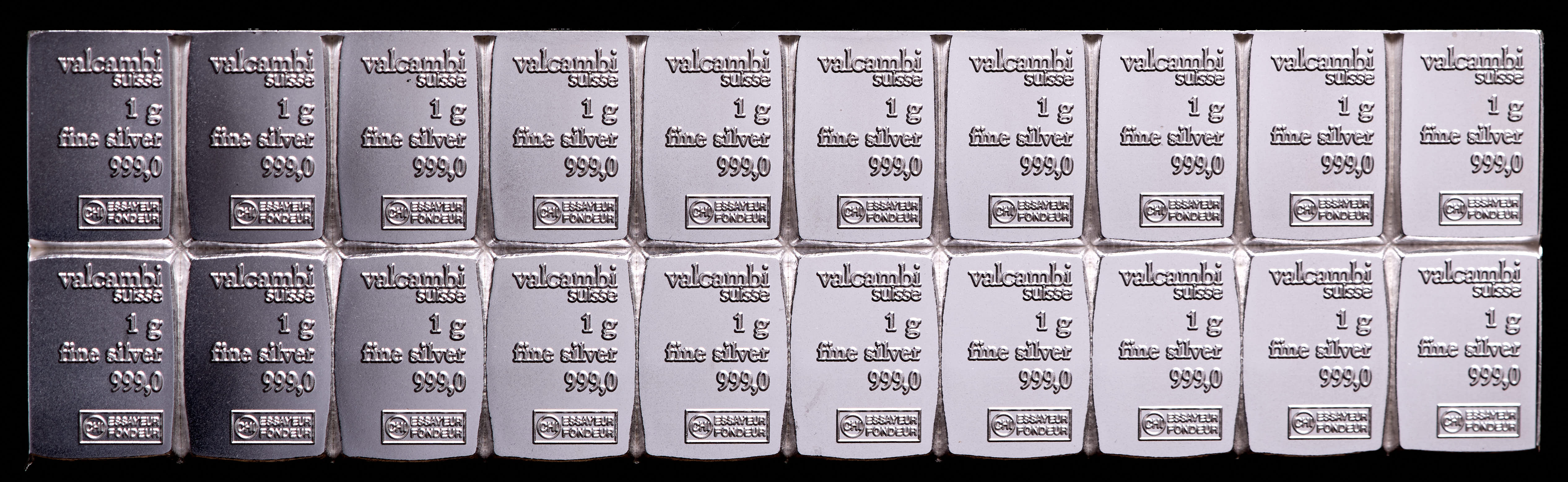 Uncut Sheet of (20) 1 Gram .999 Fine Silver Valcambi Mint Bullion Bars at PristineAuction.com Uncut Sheet of (20) 1 Gram .999 Fine Silver Valcambi Mint Bullion Bars at PristineAuction.com