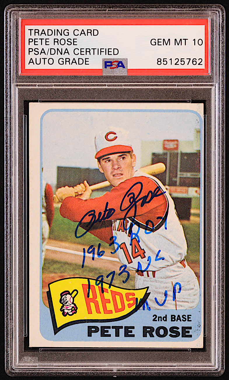 Pete Rose Signed 1965 Topps #207 Inscribed "1963 ROY" & "1973 NL MVP" (PSA | Autograph Graded PSA 10) at PristineAuction.com Pete Rose Signed 1965 Topps #207 Inscribed "1963 ROY" & "1973 NL MVP" (PSA | Autograph Graded PSA 10) at PristineAuction.com