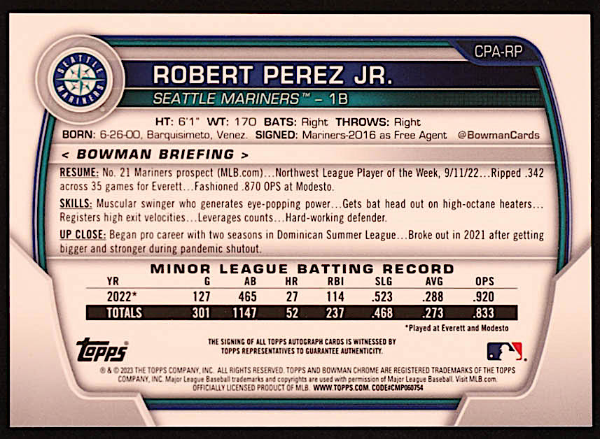Robert Perez Jr. 2023 Bowman Chrome Prospect Autographs #CPARP RC at PristineAuction.com Robert Perez Jr. 2023 Bowman Chrome Prospect Autographs #CPARP RC at PristineAuction.com