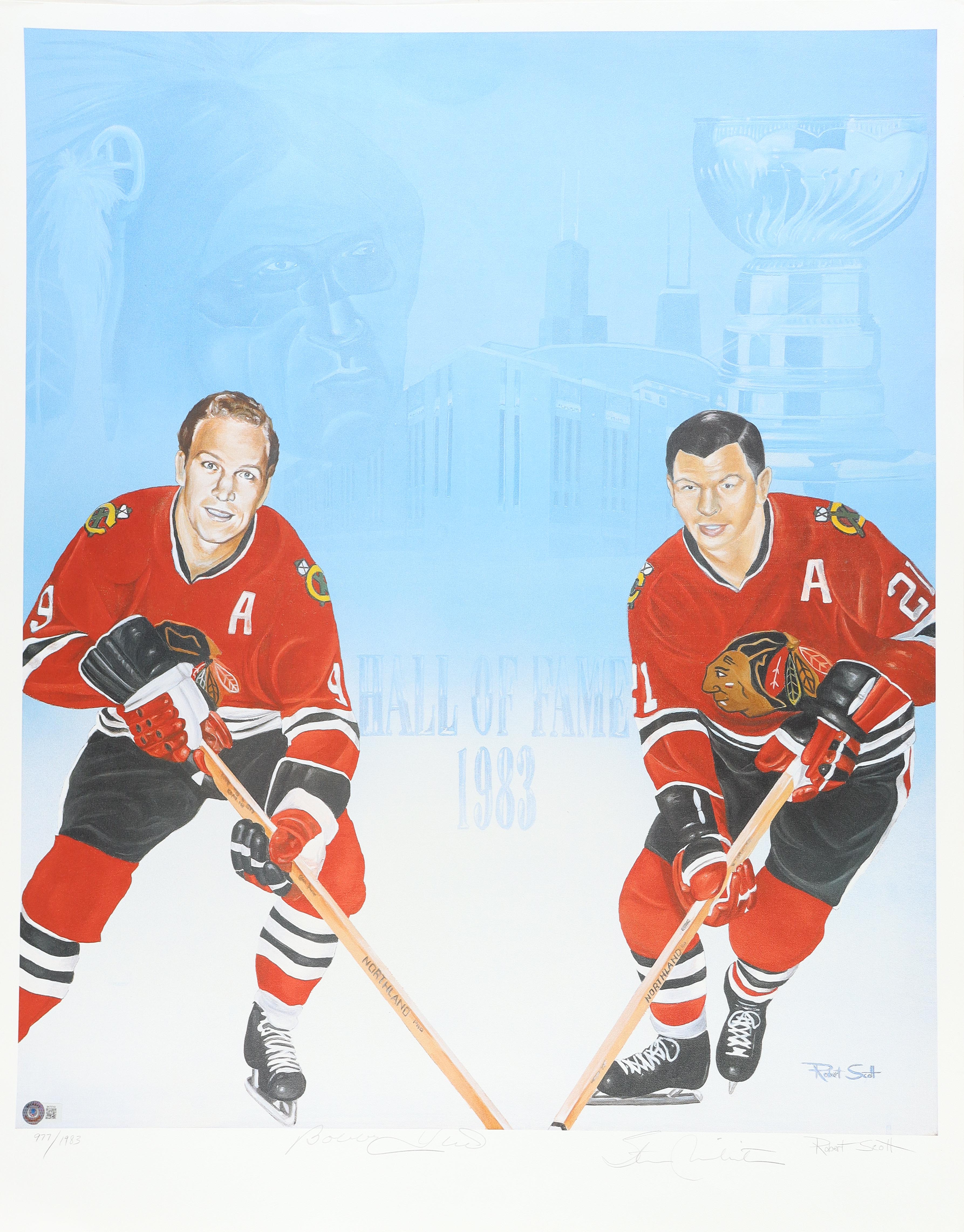 Stan Mikita & Bobby Hull Signed LE Blackhawks 26x33.25 "1983 Hall Of Fame" Lithograph Print (Beckett) at PristineAuction.com Stan Mikita & Bobby Hull Signed LE Blackhawks 26x33.25 "1983 Hall Of Fame" Lithograph Print (Beckett) at PristineAuction.com