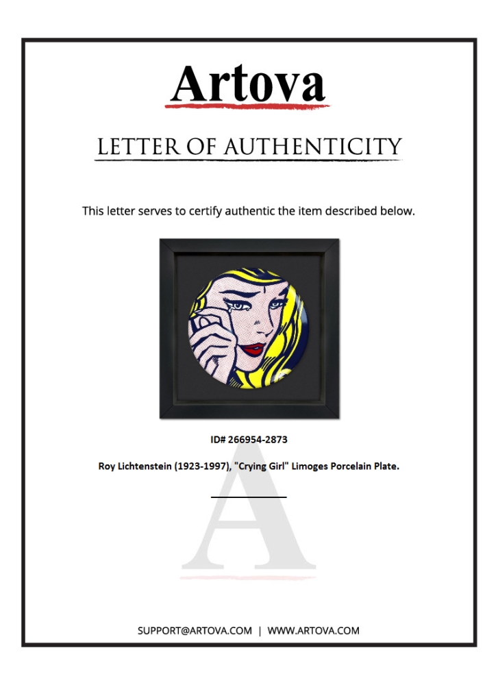 "Crying Girl" 16x16 Custom Framed Limoges Porcelain Plate by Roy Lichtenstein (Artova) at PristineAuction.com "Crying Girl" 16x16 Custom Framed Limoges Porcelain Plate by Roy Lichtenstein (Artova) at PristineAuction.com